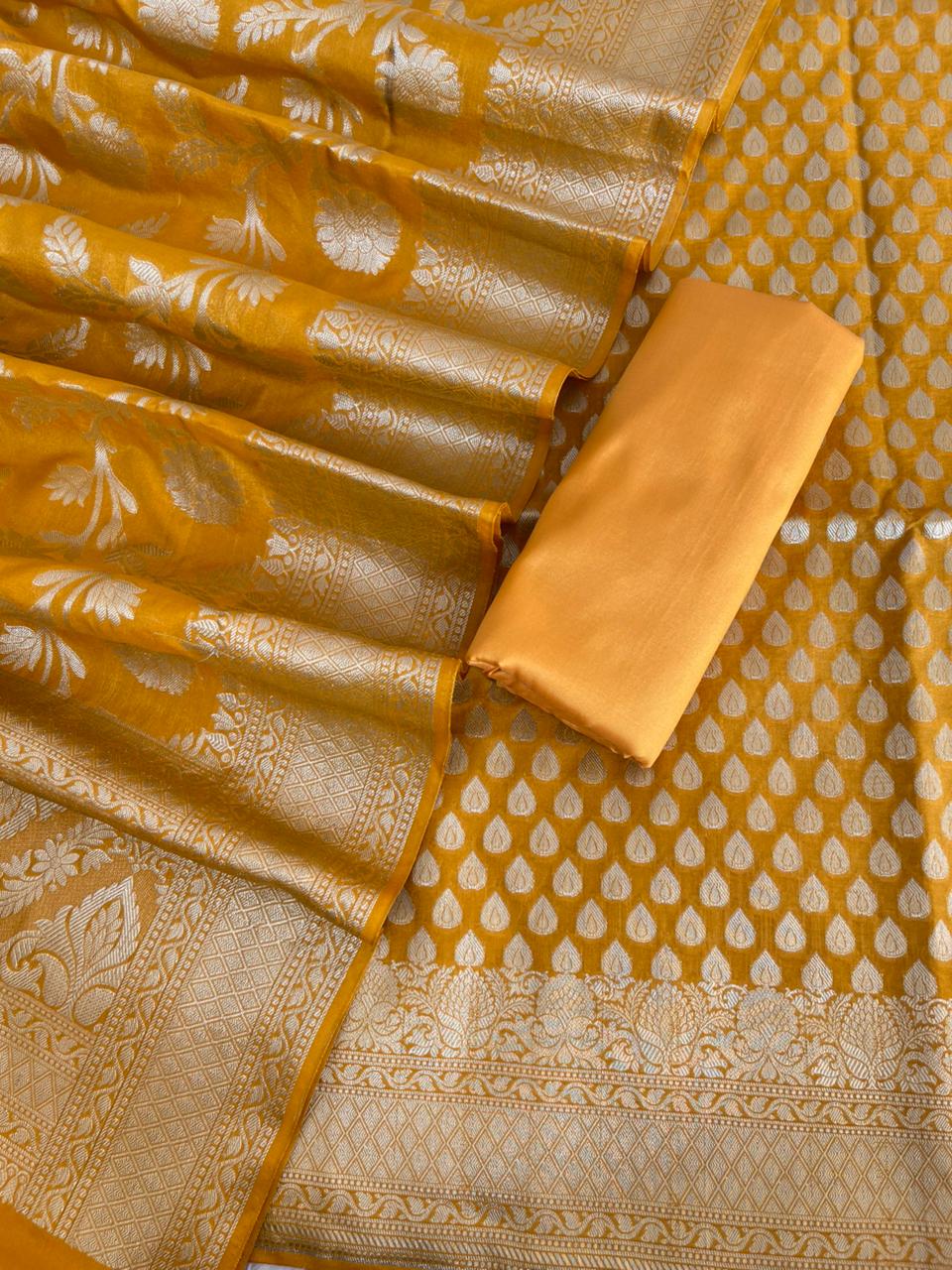 Mustard Gold Katan Upada Silk Floral Zari Booti Banarasi Suit with Alfi Zari Jaal Dupatta  1250DAN_KU4