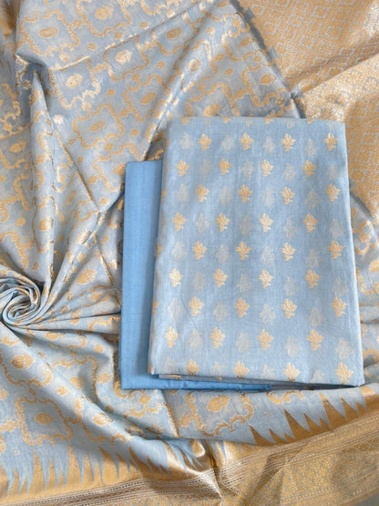 Light Blue Pure Mercerise Cotton Lorex weave Floral Zari Booti Banarasi Suit with Zari Jaal Dupatta 1250DAN_LX3