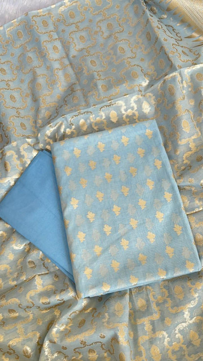 Light Blue Pure Mercerise Cotton Lorex weave Floral Zari Booti Banarasi Suit with Zari Jaal Dupatta 1250DAN_LX3