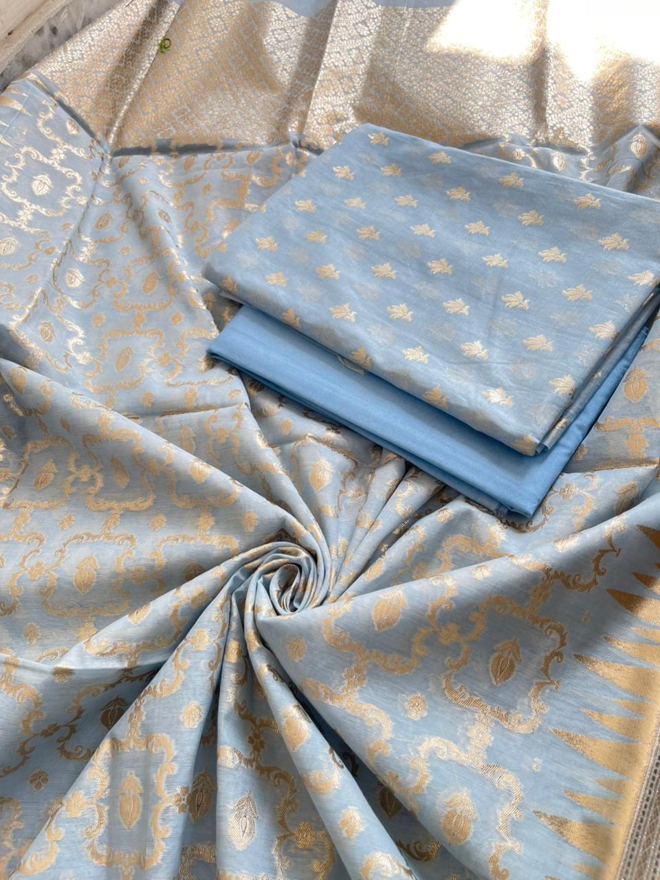 Light Blue Pure Mercerise Cotton Lorex weave Floral Zari Booti Banarasi Suit with Zari Jaal Dupatta 1250DAN_LX3