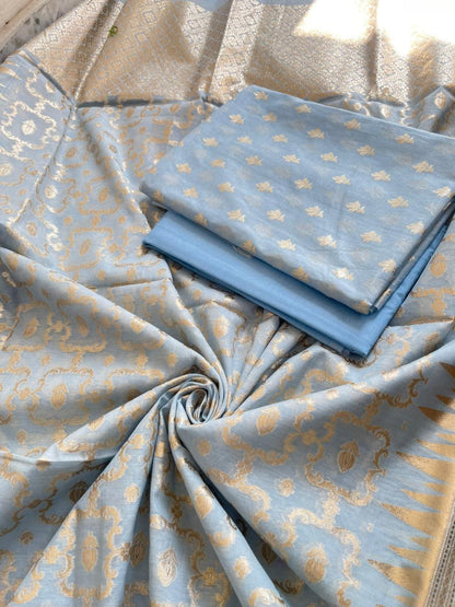 Light Blue Pure Mercerise Cotton Lorex weave Floral Zari Booti Banarasi Suit with Zari Jaal Dupatta 1250DAN_LX3