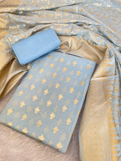 Light Blue Pure Mercerise Cotton Lorex weave Floral Zari Booti Banarasi Suit with Zari Jaal Dupatta 1250DAN_LX3