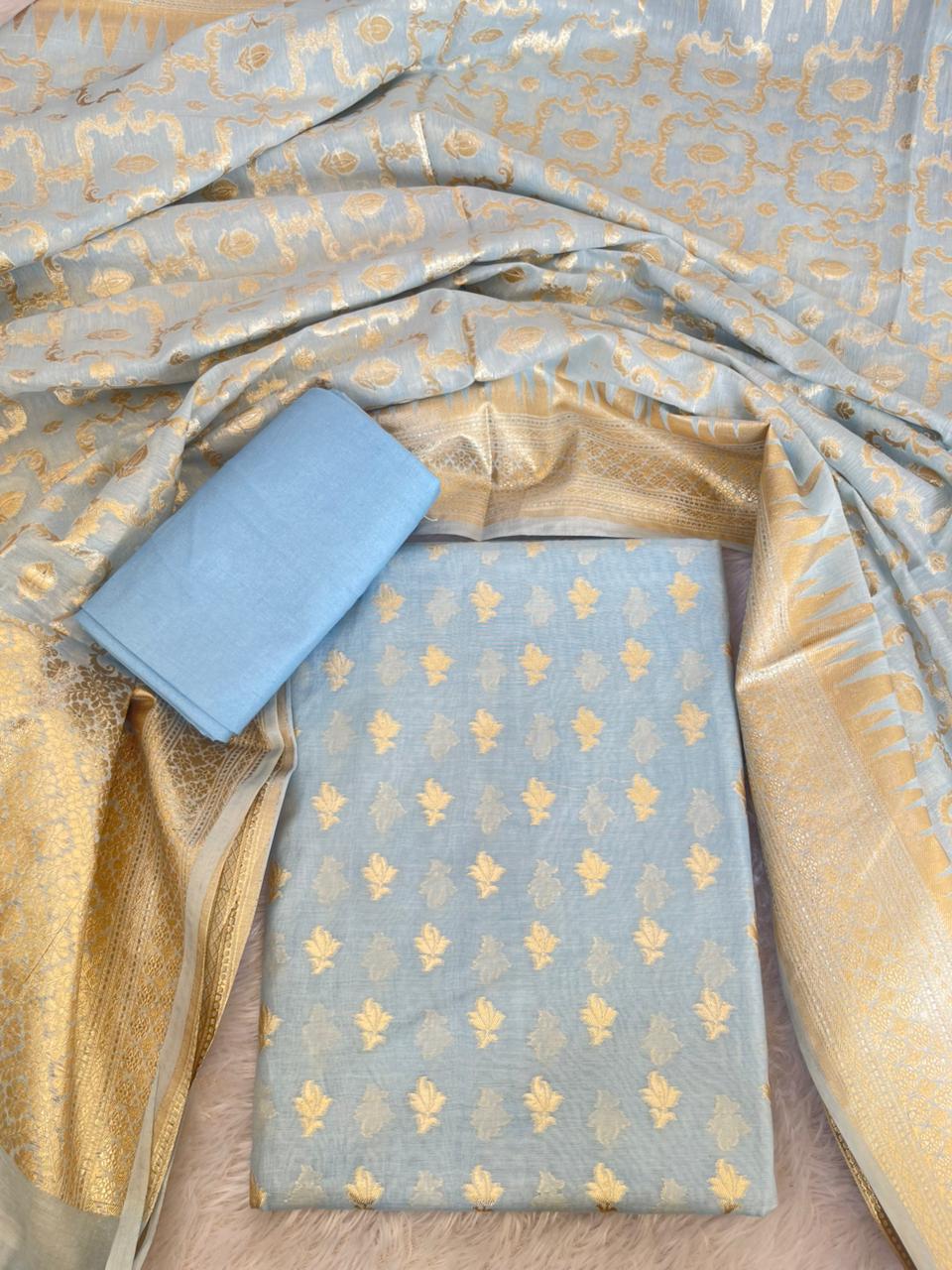 Light Blue Pure Mercerise Cotton Lorex weave Floral Zari Booti Banarasi Suit with Zari Jaal Dupatta 1250DAN_LX3