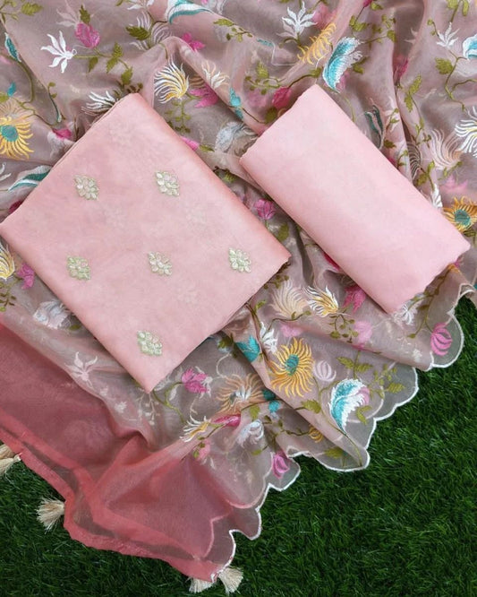 Peach Chanderi Dyable Floral Booti with Embroidery Dupatta Banarasi Suit 1250SKL_CDE1
