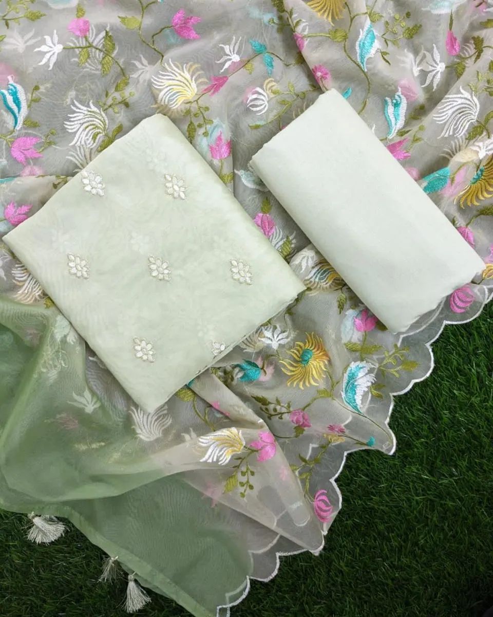 Light Green Chanderi Dyable Floral Booti with Embroidery Dupatta Banarasi Suit 1250SKL_CDE2