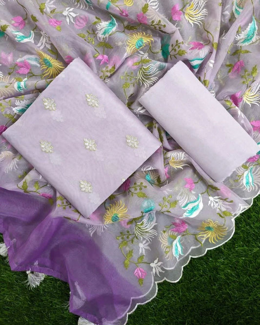 Lavander Chanderi Dyable Floral Booti with Embroidery Dupatta Banarasi Suit 1250SKL_CDE3