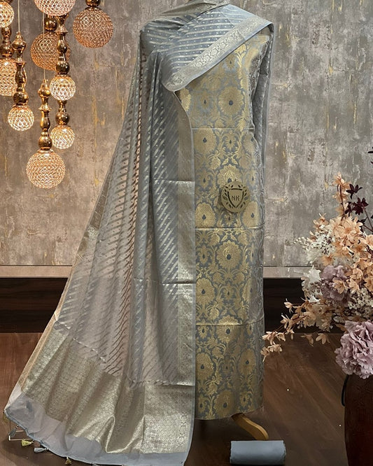 Grey Katan Silk Brocade Kimkhab Mina Boota Banarasi Suit 1250SKL_KB10