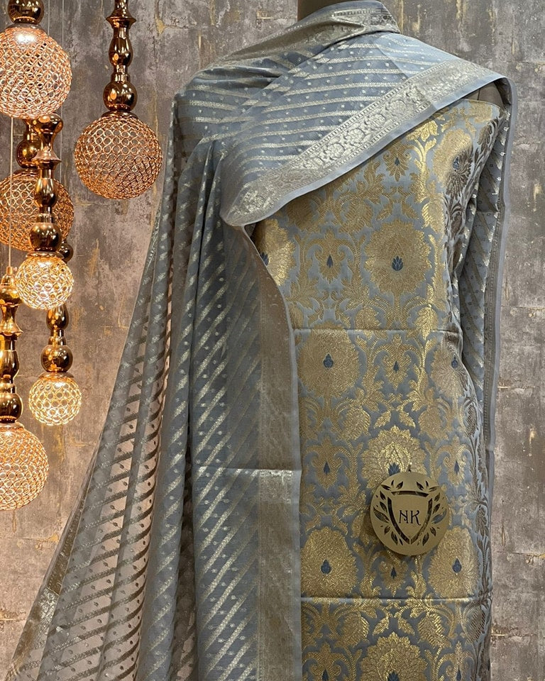 Grey Katan Silk Brocade Kimkhab Mina Boota Banarasi Suit 1250SKL_KB10