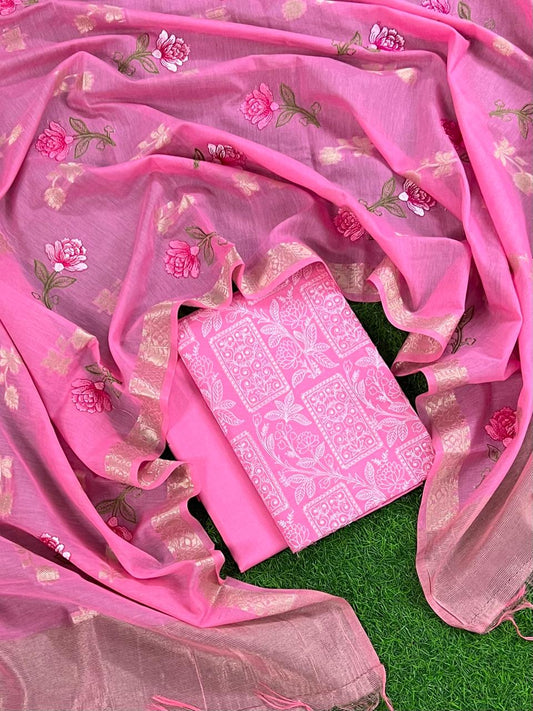 Pink Pure Banarasi Mercerised Suit with Zari Booti Weaving & Embroidery Dupatta 1250SKL_ME1