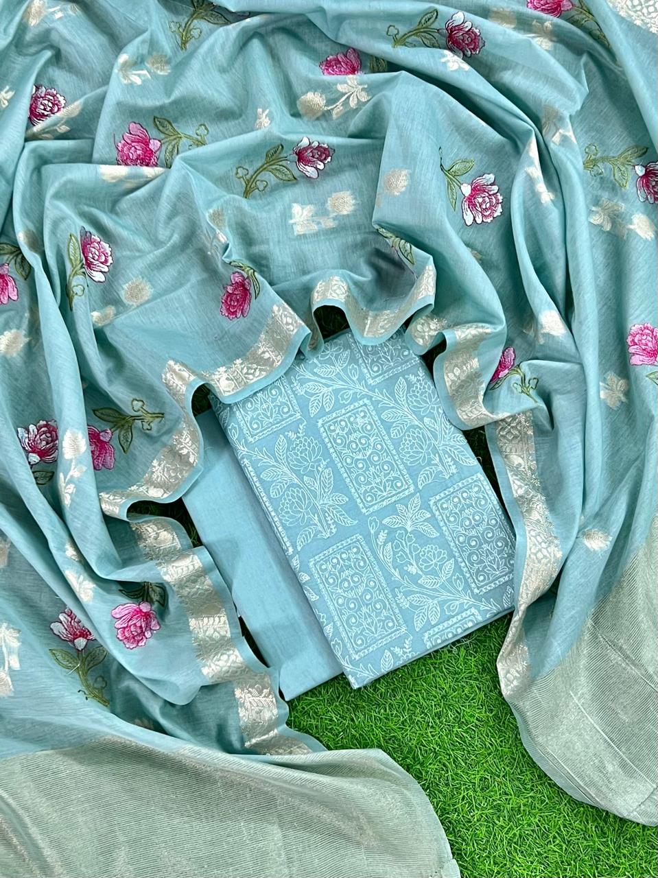 Sky Blue Pure Banarasi Mercerised Suit with Zari Booti Weaving & Embroidery Dupatta 1250SKL_ME3