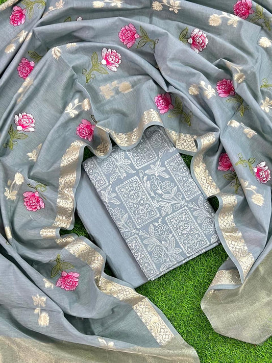 Grey Pure Banarasi Mercerised Suit with Zari Booti Weaving & Embroidery Dupatta 1250SKL_ME4