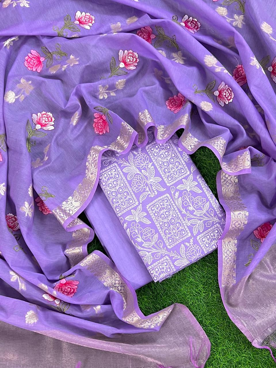 Purple Pure Banarasi Mercerised Suit with Zari Booti Weaving & Embroidery Dupatta 1250SKL_ME5