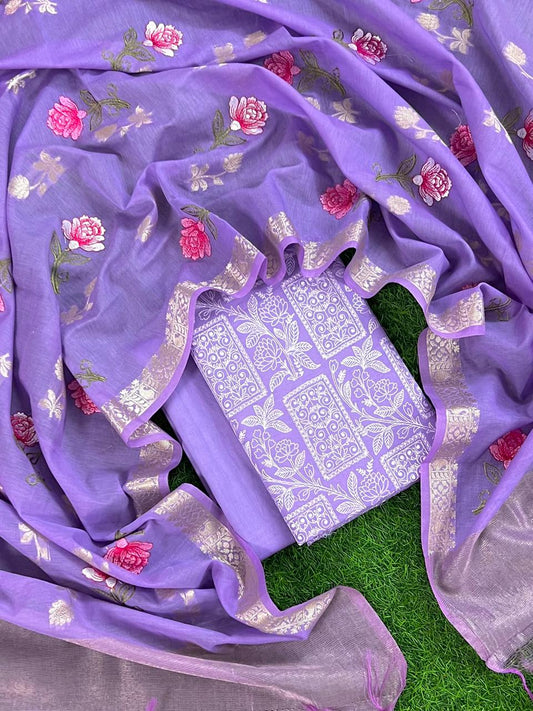 Purple Pure Banarasi Mercerised Suit with Zari Booti Weaving & Embroidery Dupatta 1250SKL_ME5