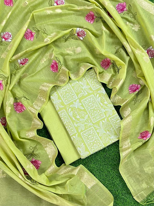 Light Green Pure Banarasi Mercerised Suit with Zari Booti Weaving & Embroidery Dupatta 1250SKL_ME6