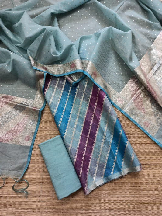 Blue Pure Mercerised Lorex Weave Suit with Hand-Brushed Lorex Dupatta 1250SKL_MH1