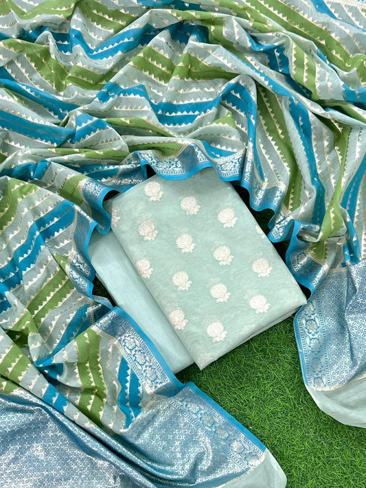 Aqua Blue Pure Mercerised Lorex Weaving Suit with Handbrush Lorex Dupatta 1250SKL_ML1