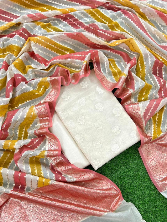Off white  Pure Mercerised Lorex Weaving Suit with Handbrush Lorex Dupatta 1250SKL_ML4