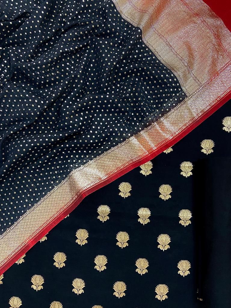 Pure Mercerized Lorex Weave Zari Booti With Contrast Red Border Chunri Dupatta Banarasi Suit 1250SKL_PM12