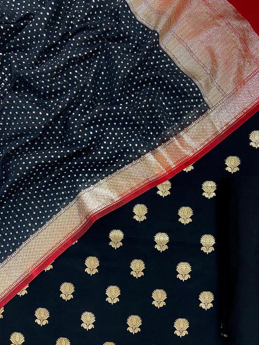 Pure Mercerized Lorex Weave Zari Booti With Contrast Red Border Chunri Dupatta Banarasi Suit 1250SKL_PM12