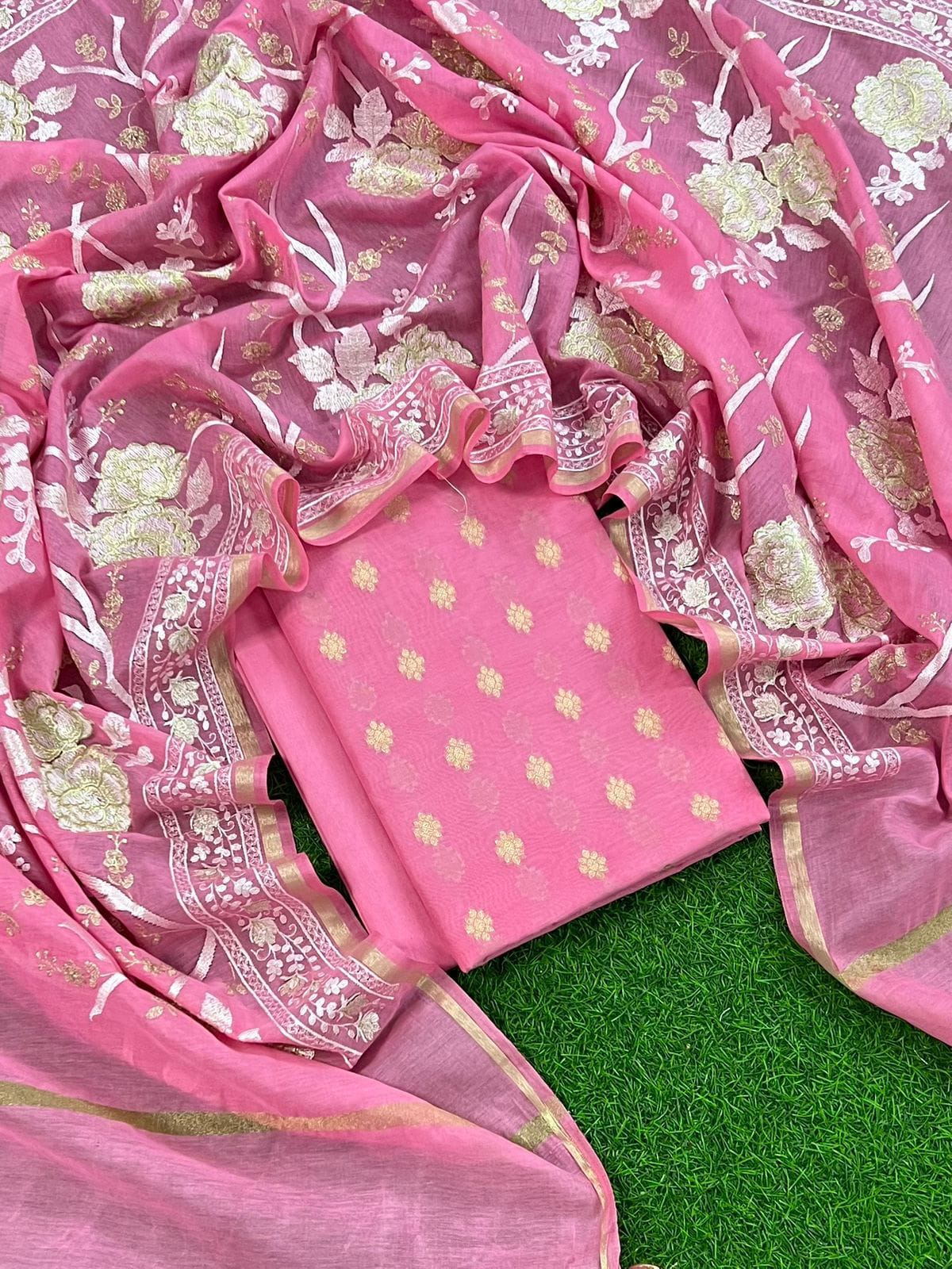 Pure Mercerized Baby Pink Floral Booti Banarasi Suit with Heavy Thread work Jaal Dupatta 1250SKL_PME1