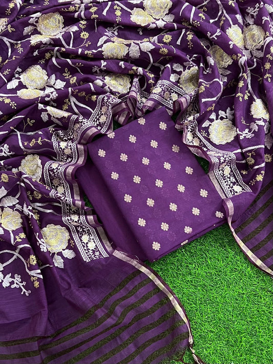 Pure Mercerized Purple Floral Booti Banarasi Suit with Heavy Thread work Jaal Dupatta 1250SKL_PME10