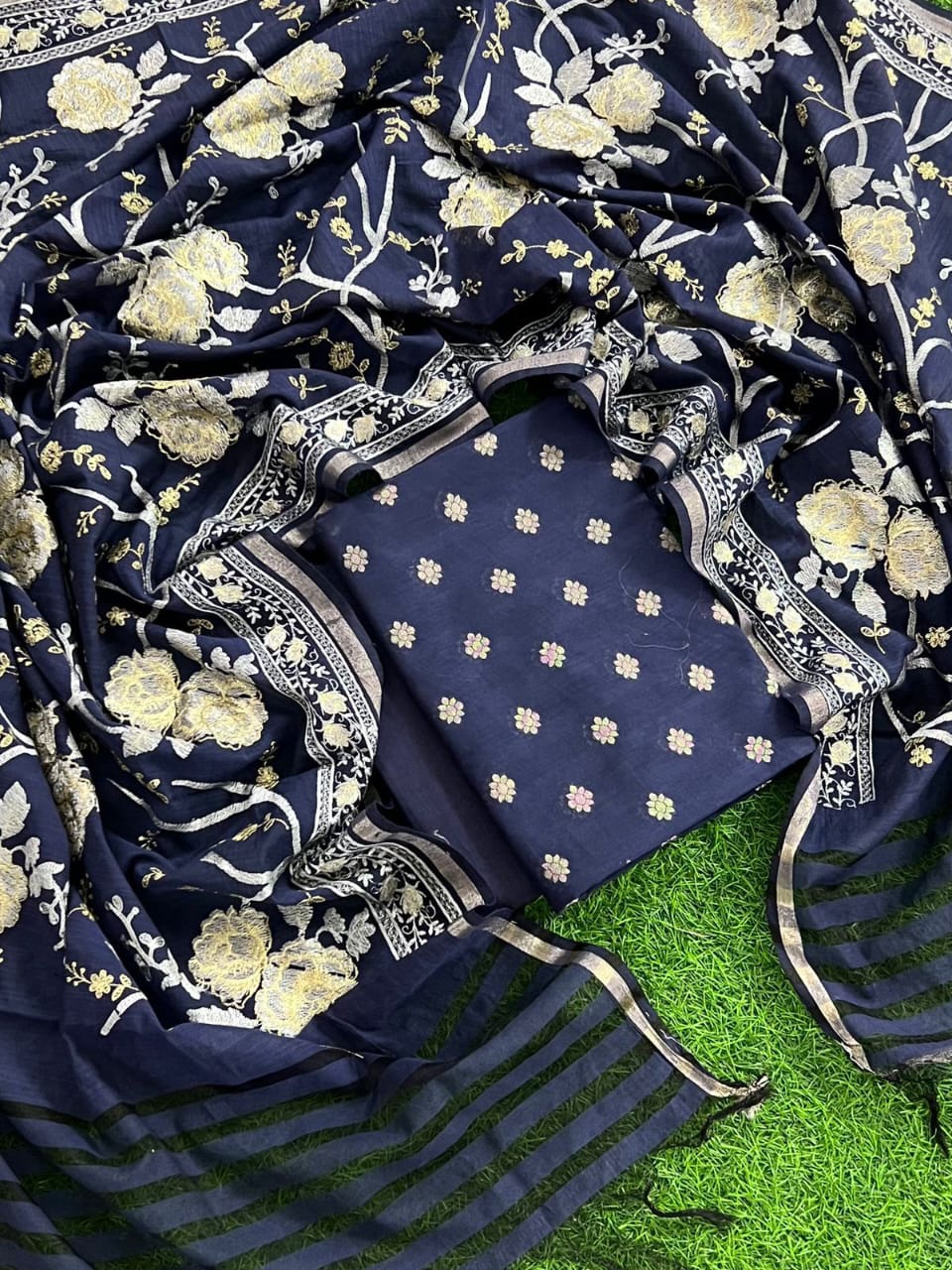 Pure Mercerized Navy Blue Floral Booti Banarasi Suit with Heavy Thread work Jaal Dupatta 1250SKL_PME2