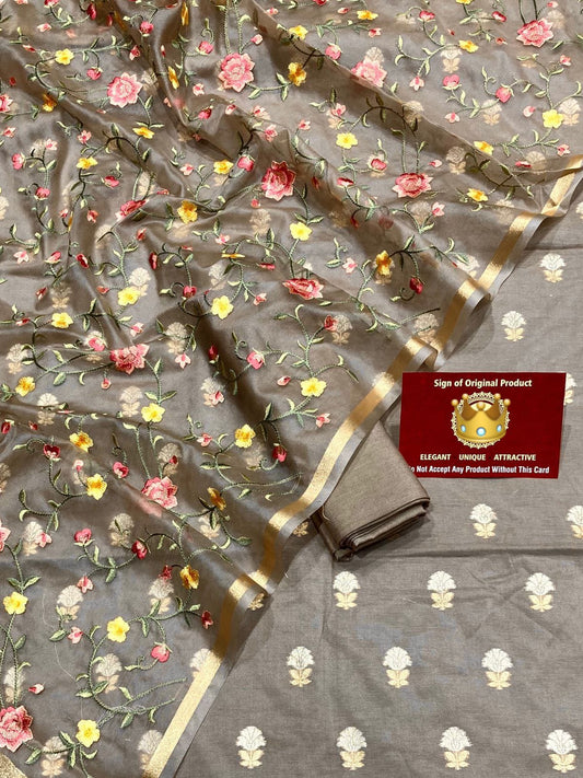 Grey Pure Mercerise Silk Silver Gold Zari Booti with Organza Embroidery Dupatta Suit Set 1250SKL_PME26