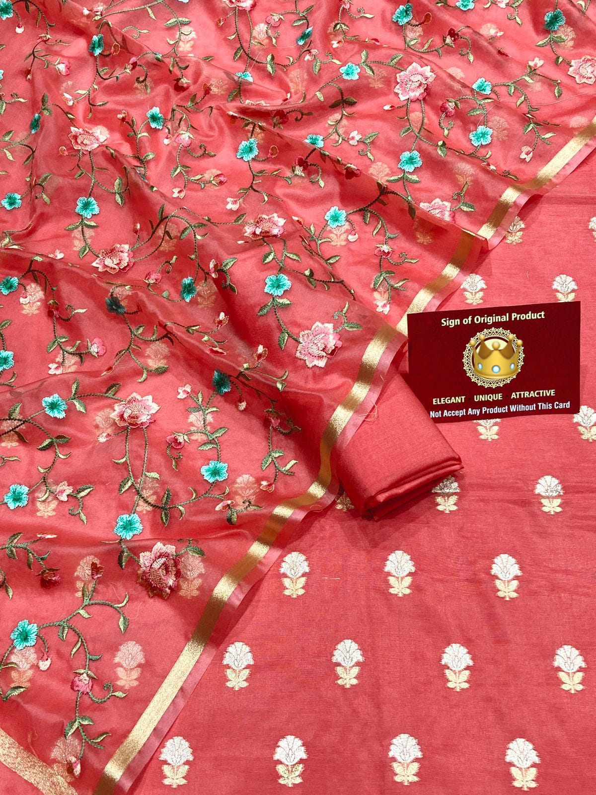 Pink Pure Mercerise Silk Silver Gold Zari Booti with Organza Embroidery Dupatta Suit Set 1250SKL_PME28