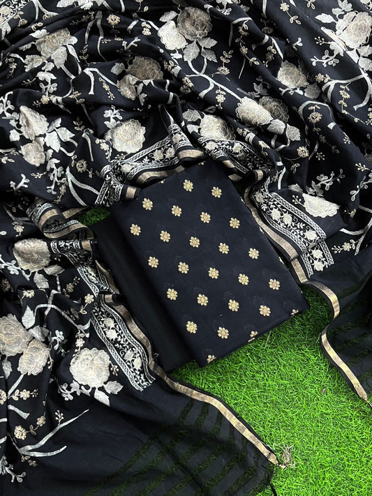 Pure Mercerized Black Floral Booti Banarasi Suit with Heavy Thread work Jaal Dupatta 1250SKL_PME8