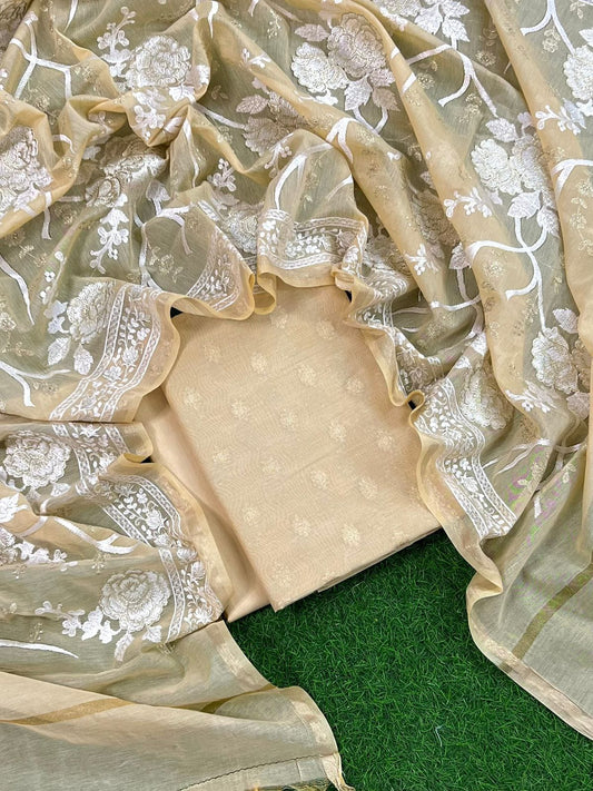 Pure Mercerized Cream Floral Booti Banarasi Suit with Heavy Thread work Jaal Dupatta 1250SKL_PME9