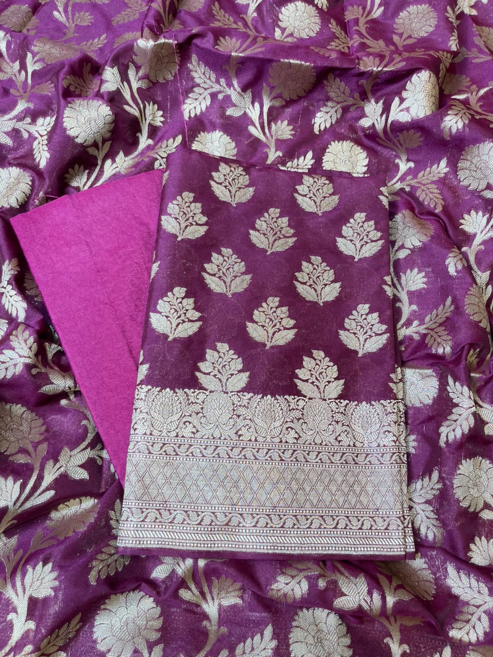 Burgundy Katan Upada Silk Floral Zari Boota Banarasi Suit with Alfi Zari Jaal Dupatta 125DAN_KU11