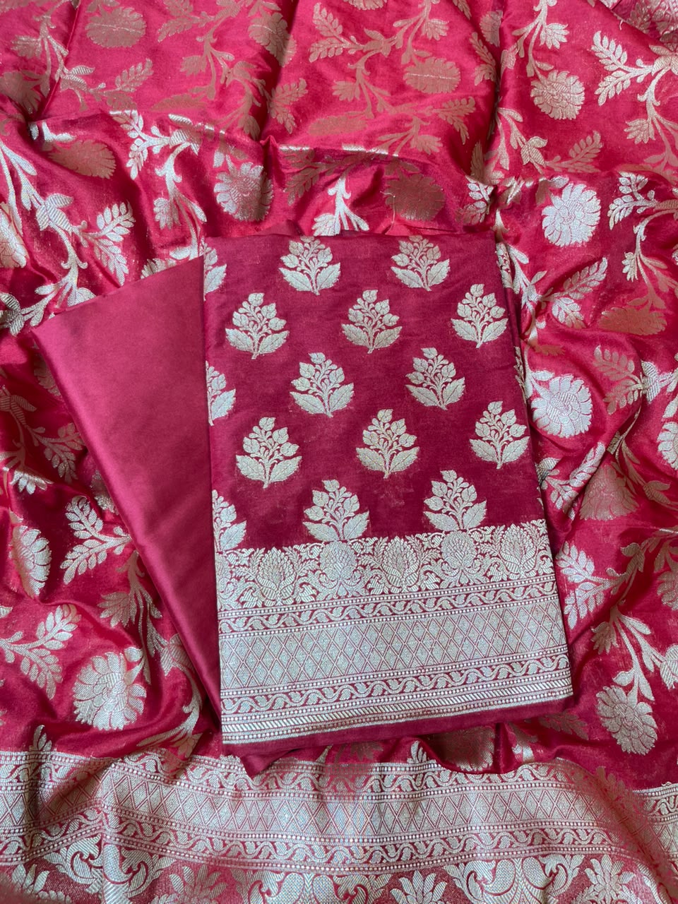 Maroon Katan Upada Silk Floral Zari Boota Banarasi Suit with Alfi Zari Jaal Dupatta 125DAN_KU15