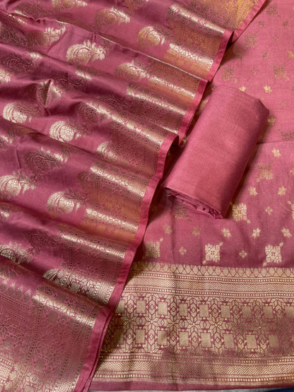 Rose Pink Semi Chiniya Silk Floral Zari Booti Banarasi Suit with Lehriya Jaal Dupatta 125DAN_SC11