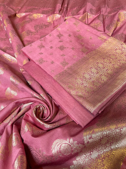 Rose Pink Semi Chiniya Silk Floral Zari Booti Banarasi Suit with Lehriya Jaal Dupatta 125DAN_SC11
