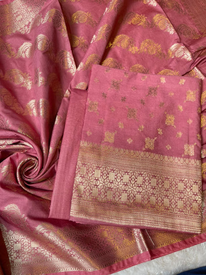Rose Pink Semi Chiniya Silk Floral Zari Booti Banarasi Suit with Lehriya Jaal Dupatta 125DAN_SC11