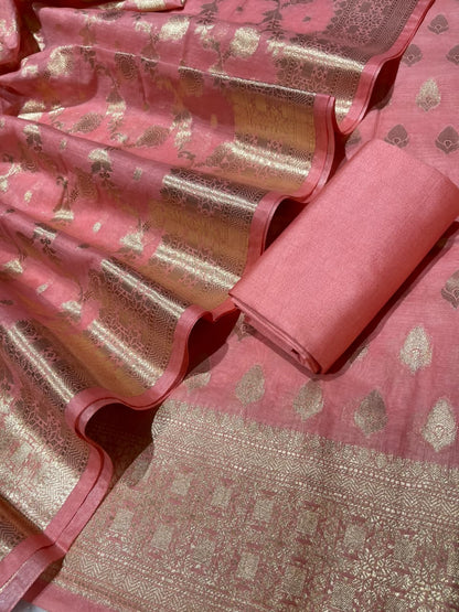 Peach Semi Chiniya Silk Floral Zari Booti Banarasi Suit with Lehriya Jaal Dupatta 125DAN_SC2