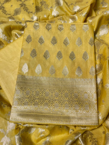 Light Yellow Semi Chiniya Silk Floral Zari Booti Banarasi Suit with Lehriya Jaal Dupatta 125DAN_SC3