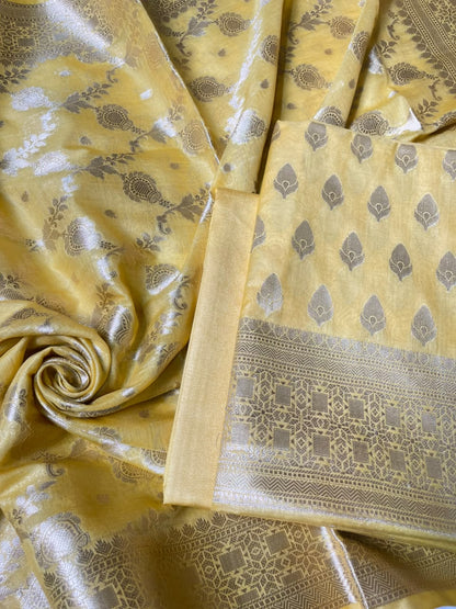 Light Yellow Semi Chiniya Silk Floral Zari Booti Banarasi Suit with Lehriya Jaal Dupatta 125DAN_SC3