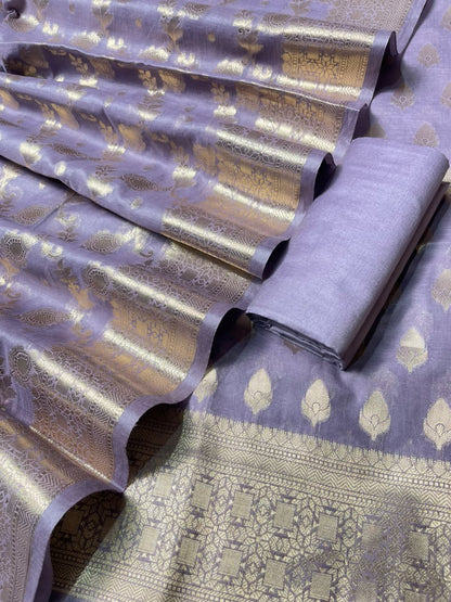 Dusty Lavender Semi Chiniya Silk Floral Zari Booti Banarasi Suit with Lehriya Jaal Dupatta 125DAN_SC4