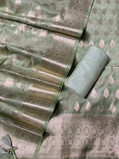 Pista Green Semi Chiniya Silk Floral Zari Booti Banarasi Suit with Lehriya Jaal Dupatta 125DAN_SC6