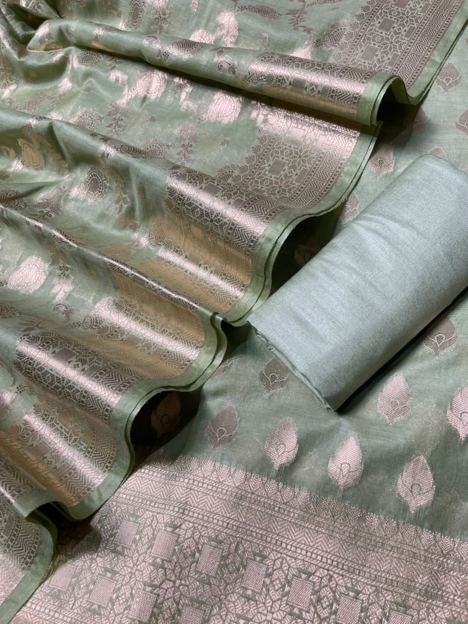 Pista Green Semi Chiniya Silk Floral Zari Booti Banarasi Suit with Lehriya Jaal Dupatta 125DAN_SC6