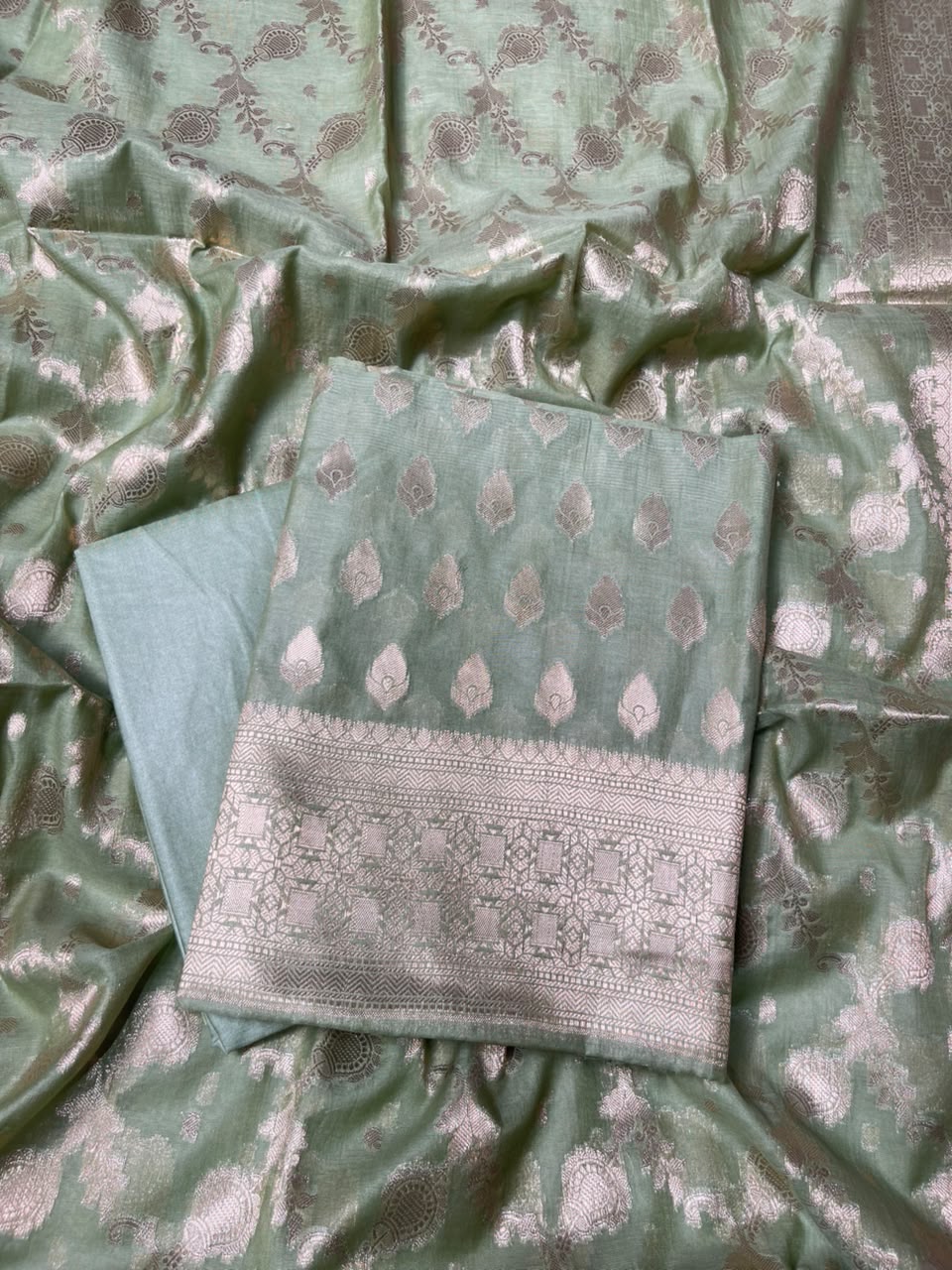 Pista Green Semi Chiniya Silk Floral Zari Booti Banarasi Suit with Lehriya Jaal Dupatta 125DAN_SC6