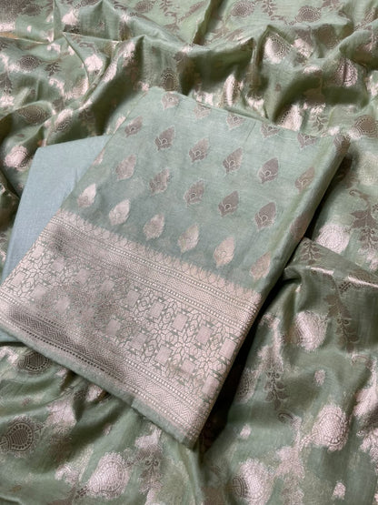 Pista Green Semi Chiniya Silk Floral Zari Booti Banarasi Suit with Lehriya Jaal Dupatta 125DAN_SC6