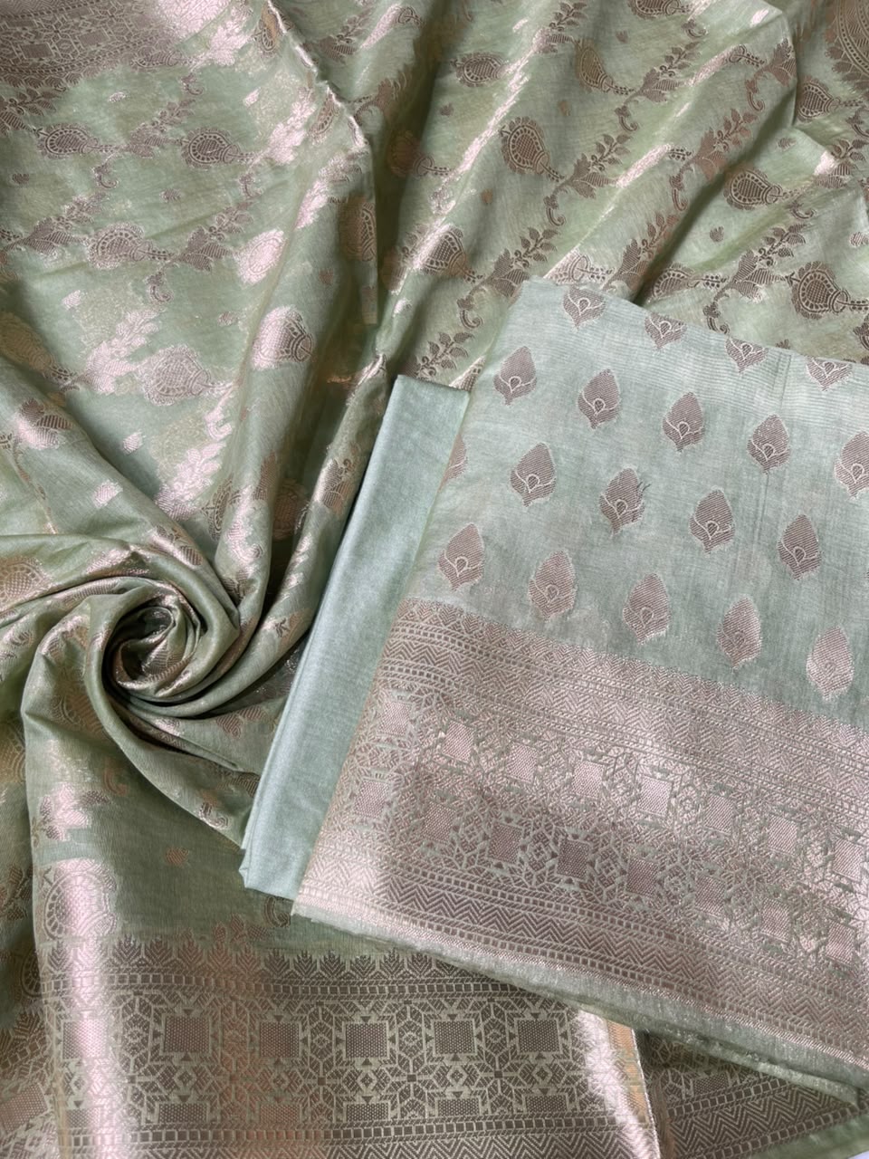 Pista Green Semi Chiniya Silk Floral Zari Booti Banarasi Suit with Lehriya Jaal Dupatta 125DAN_SC6