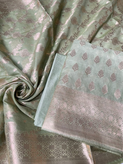 Pista Green Semi Chiniya Silk Floral Zari Booti Banarasi Suit with Lehriya Jaal Dupatta 125DAN_SC6