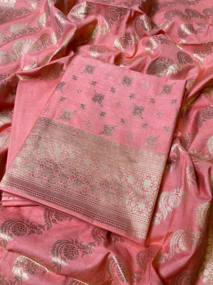 Peach Semi Chiniya Silk Floral Zari Booti Banarasi Suit with Lehriya Jaal Dupatta 125DAN_SC7