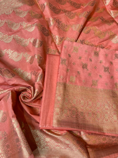 Peach Semi Chiniya Silk Floral Zari Booti Banarasi Suit with Lehriya Jaal Dupatta 125DAN_SC7