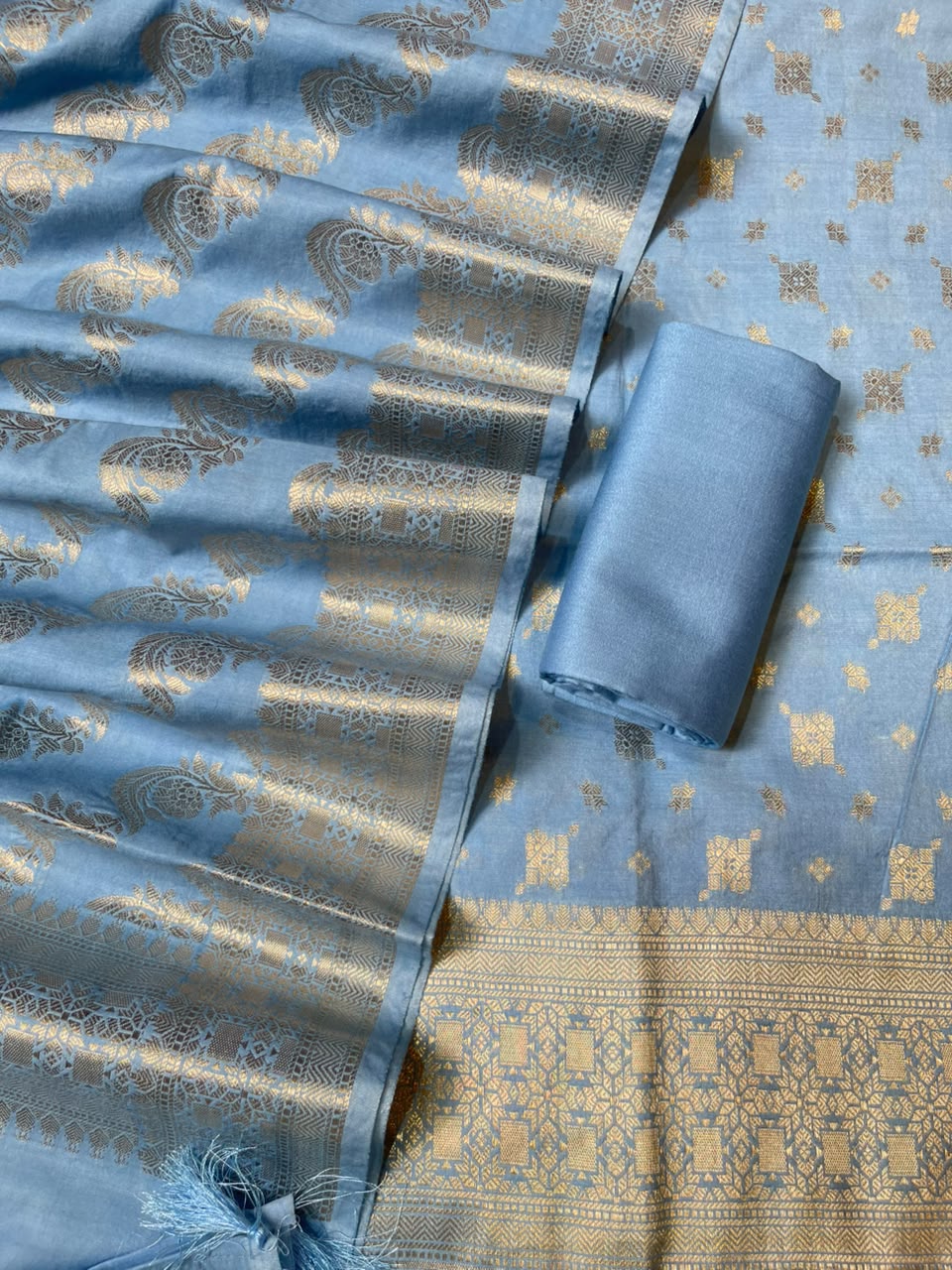 Sky Blue Semi Chiniya Silk Floral Zari Booti Banarasi Suit with Lehriya Jaal Dupatta 125DAN_SC8