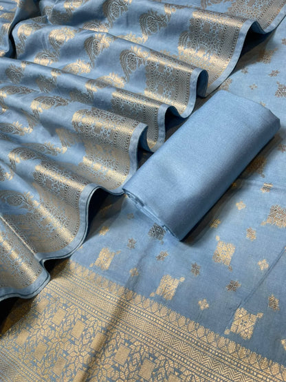 Sky Blue Semi Chiniya Silk Floral Zari Booti Banarasi Suit with Lehriya Jaal Dupatta 125DAN_SC8