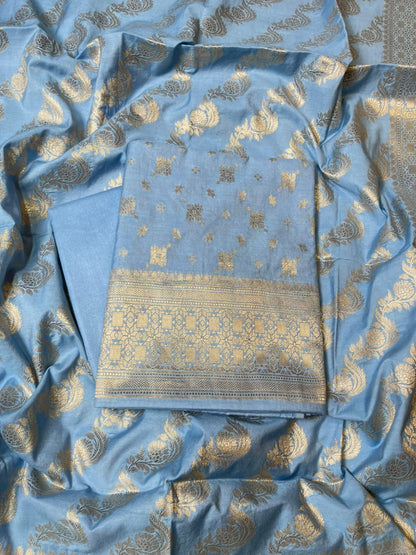 Sky Blue Semi Chiniya Silk Floral Zari Booti Banarasi Suit with Lehriya Jaal Dupatta 125DAN_SC8